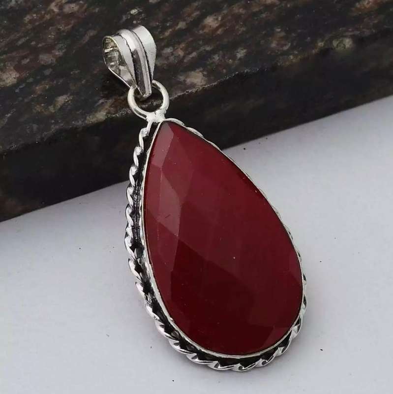 Indian Ruby Pear Shape set in .925 Sterling Silver Plated Handmade Antique Style Pendant