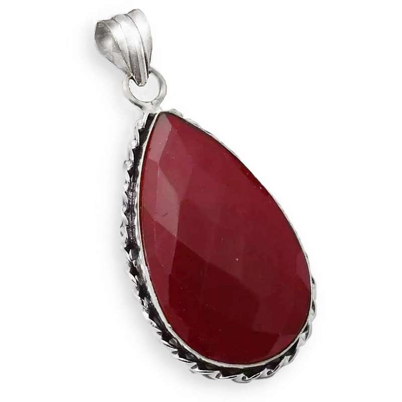 Indian Ruby Pear Shape set in .925 Sterling Silver Plated Handmade Antique Style Pendant