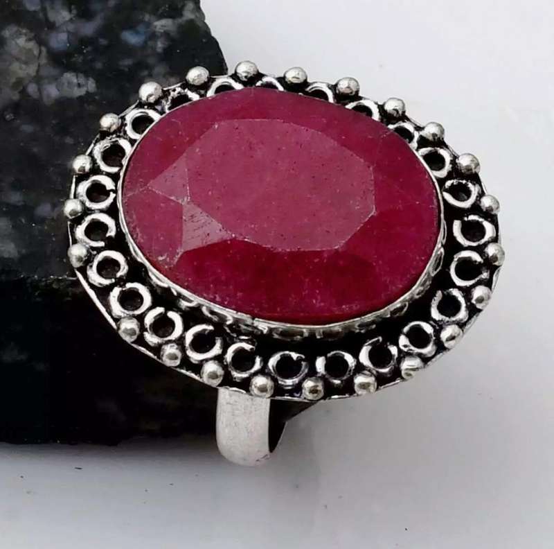 Indian Cherry Ruby Oval set in  Antique Style .925 Sterling Silver Plated Handmade Ring US 9.75