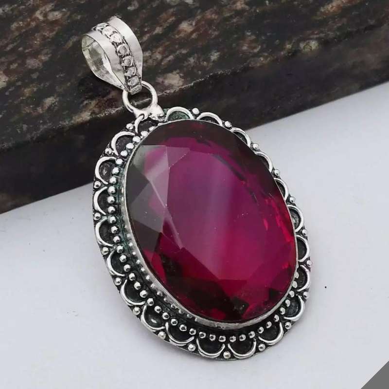 Rubillite Oval Shape set in Antique Style .925 Sterling Silver Plated Handmade Pendant