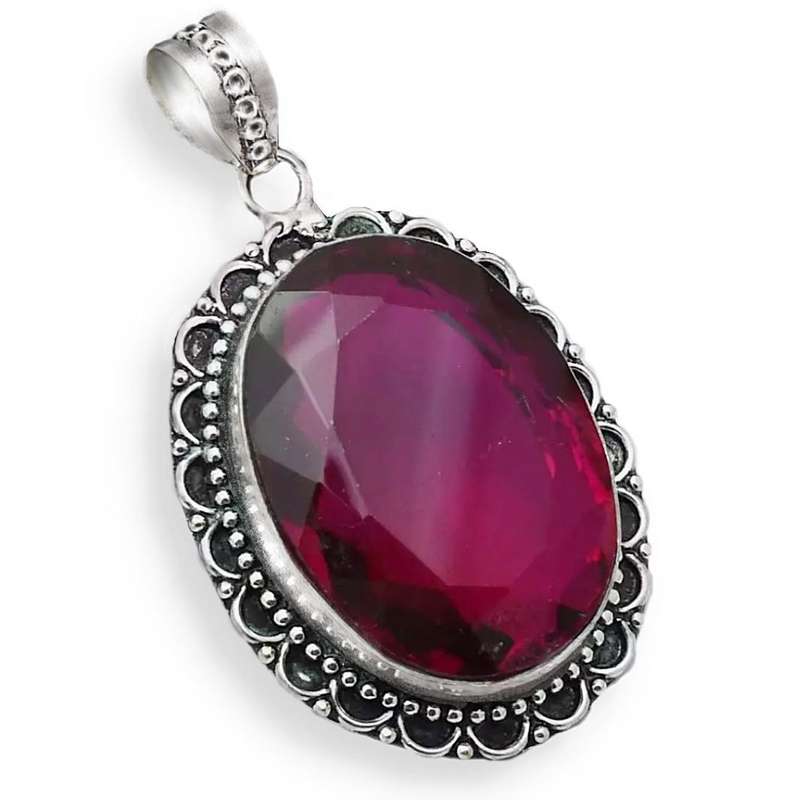 Rubillite Oval Shape set in Antique Style .925 Sterling Silver Plated Handmade Pendant