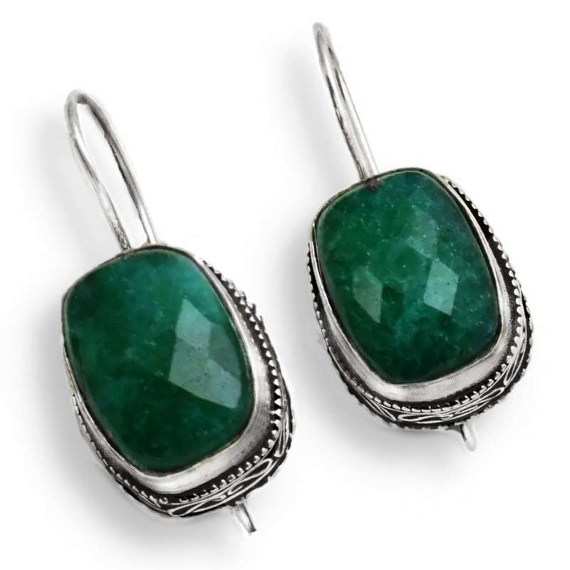 Indian Emerald Facet Cut Rectangle set in 925 Sterling Silver Plated Handmade Antique Style Earrings