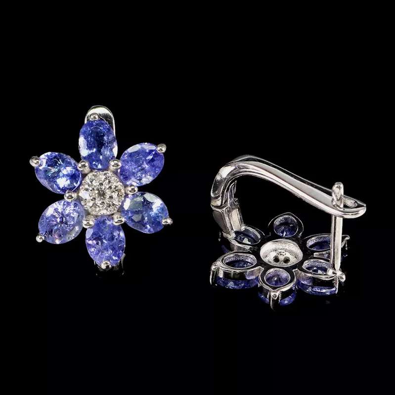Natural Unheated Tanzanite and AAA White CZ in Solid .925 Sterling Silver Stud Earrings