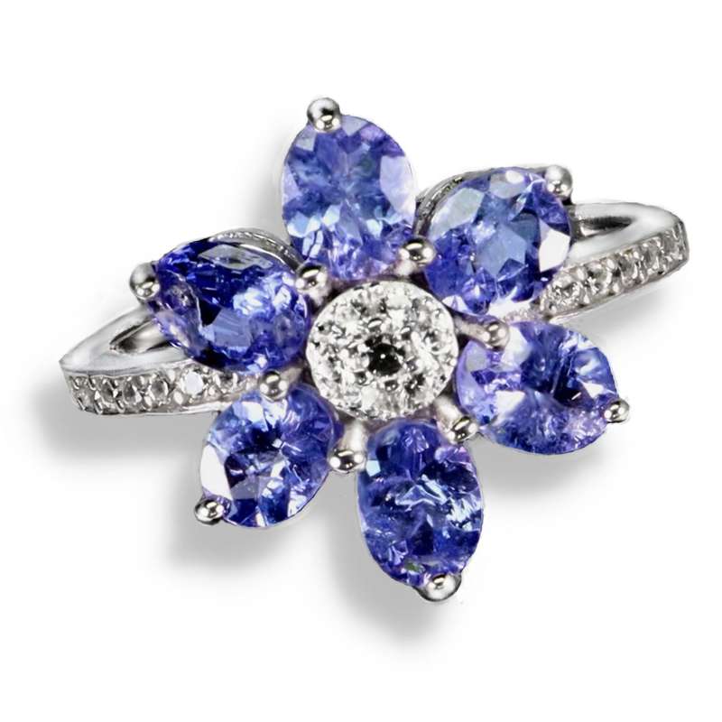 Natural Unheated Tanzanite and AAA White CZ  Floral Ring in Solid .925 Silver Size US 8 /Q