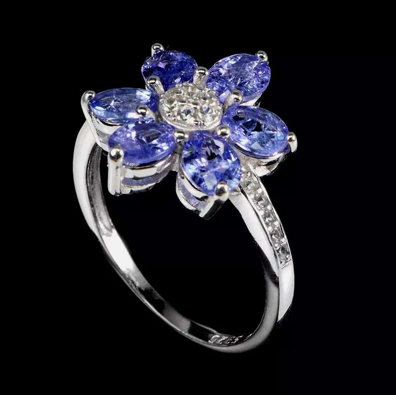 Natural Unheated Tanzanite and AAA White CZ  Floral Ring in Solid .925 Silver Size US 8 /Q