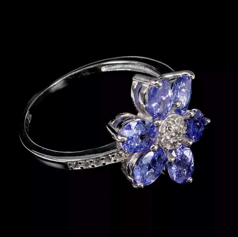 Natural Unheated Tanzanite and AAA White CZ  Floral Ring in Solid .925 Silver Size US 8 /Q