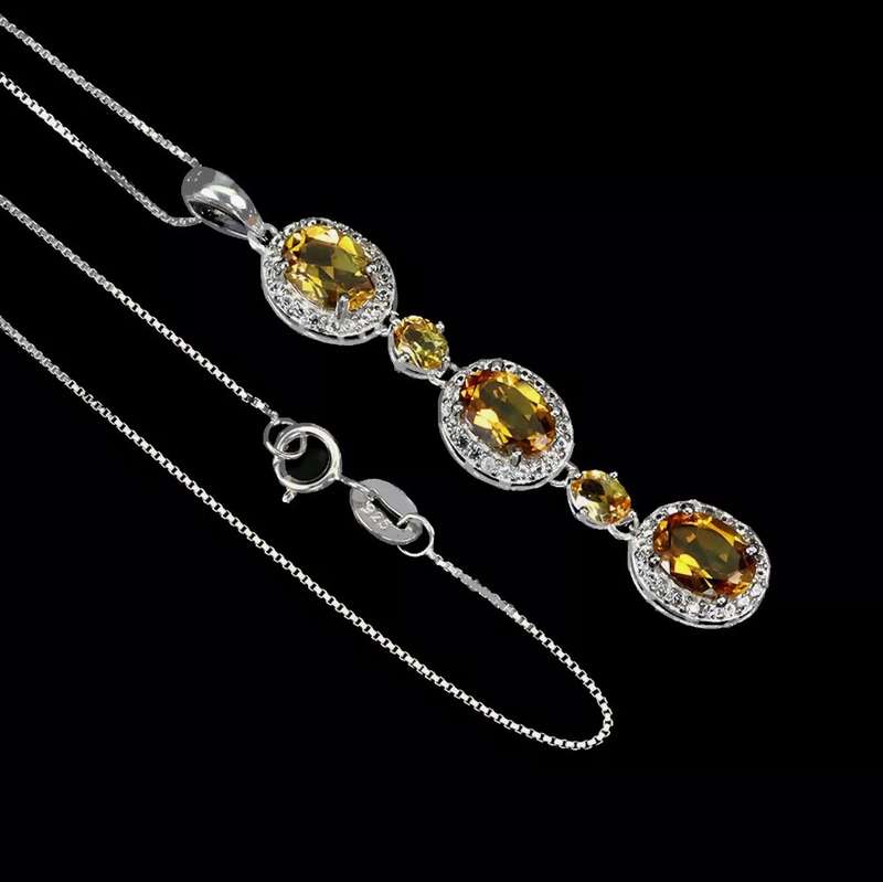 Deluxe Natural Unheated Citrine, White Topaz Gemstone  Solid .925 Sterling Silver 14K W/G Necklace