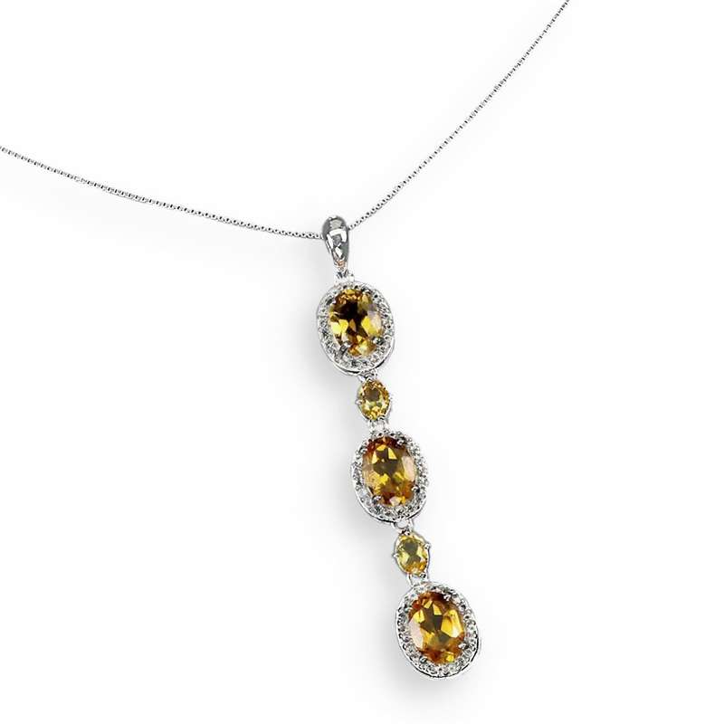Deluxe Natural Unheated Citrine, White Topaz Gemstone  Solid .925 Sterling Silver 14K W/G Necklace