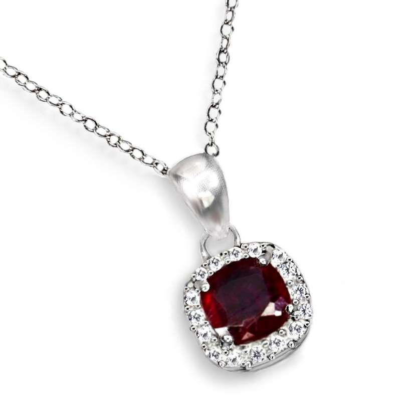 Dainty Natural Ruby & AAA White Cubic Zirconia  .925 Solid Sterling Silver  14K White Gold Necklace