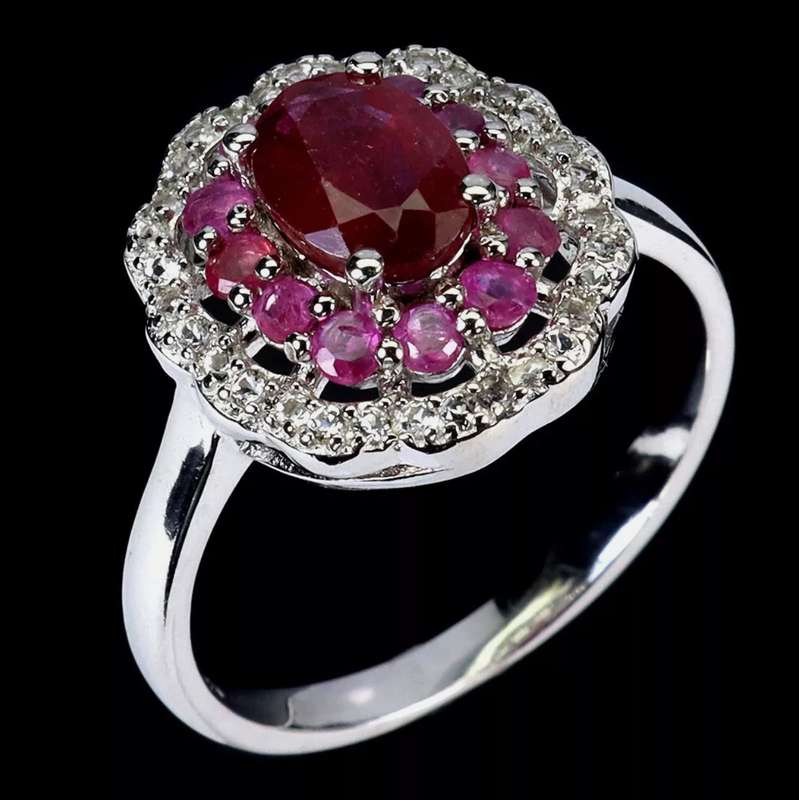 Deluxe Natural Ruby and White Cubic Zirconia set in Solid .925 Sterling Silver Ring Size US 7