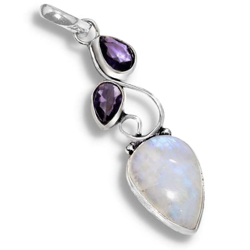 Natural Rainbow Moonstone and Purple Amethyst Pears in .925 Sterling Silver Plated Handmade Pendant