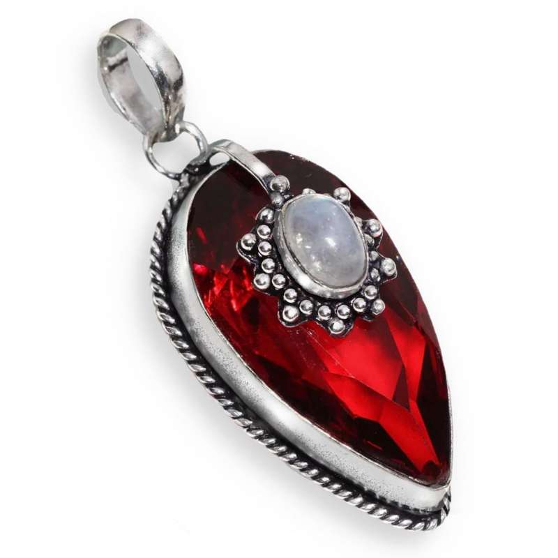 Natural Rainbow Moonstone and Fire Garnet Pear set in .925 Sterling Silver Plated Handmade Pendant