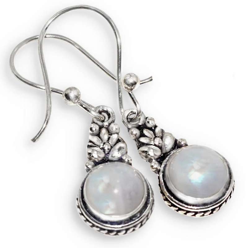 Natural Round Rainbow Moonstone Gemstone set in .925 Sterling Silver Plated Dainty Earrings