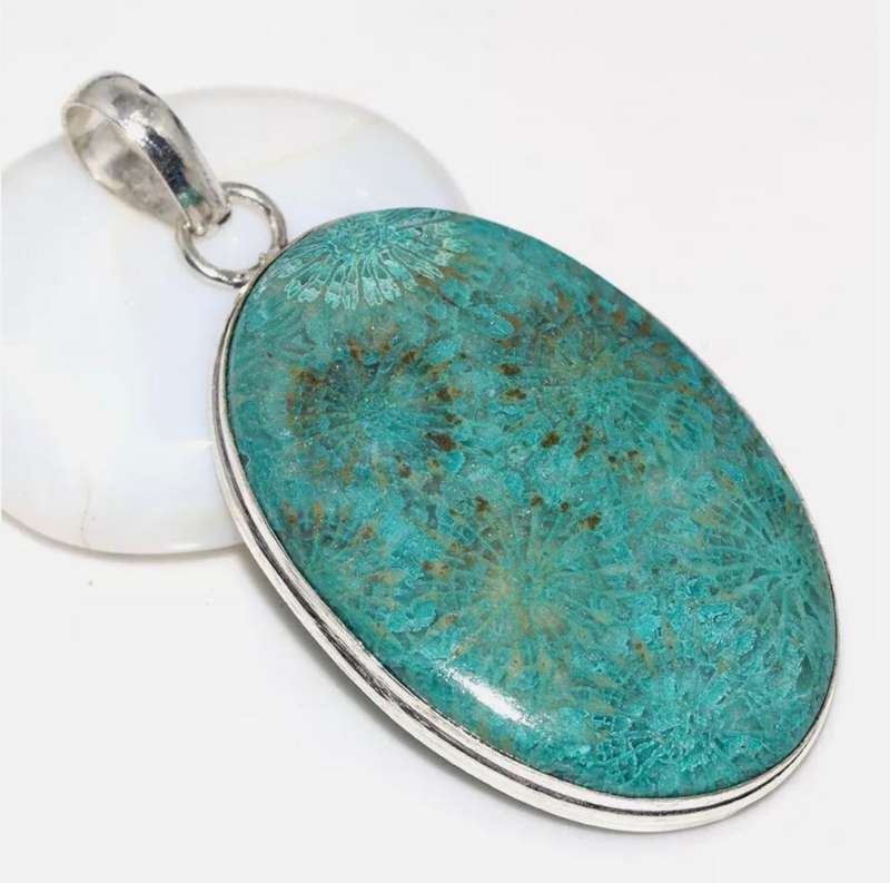 Natural Fossil Coral Oval set in .925 Sterling Silver Plated Handmade Pendant