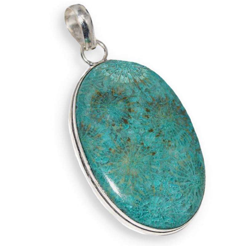 Natural Fossil Coral Oval set in .925 Sterling Silver Plated Handmade Pendant