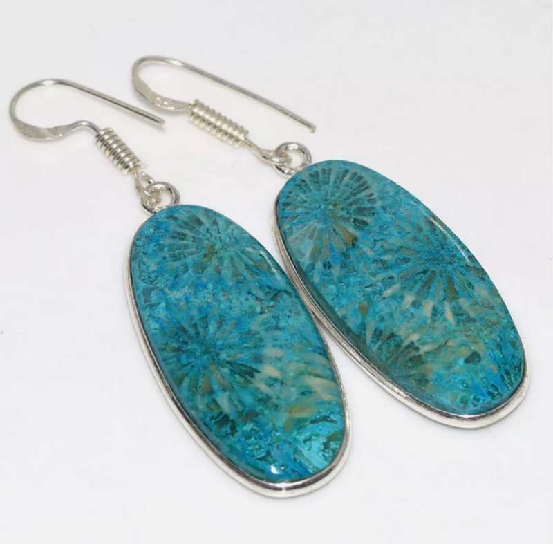 Natural Fossil Coral Oval Shape set in .925 Sterling Silver Plated Handmade Earrings