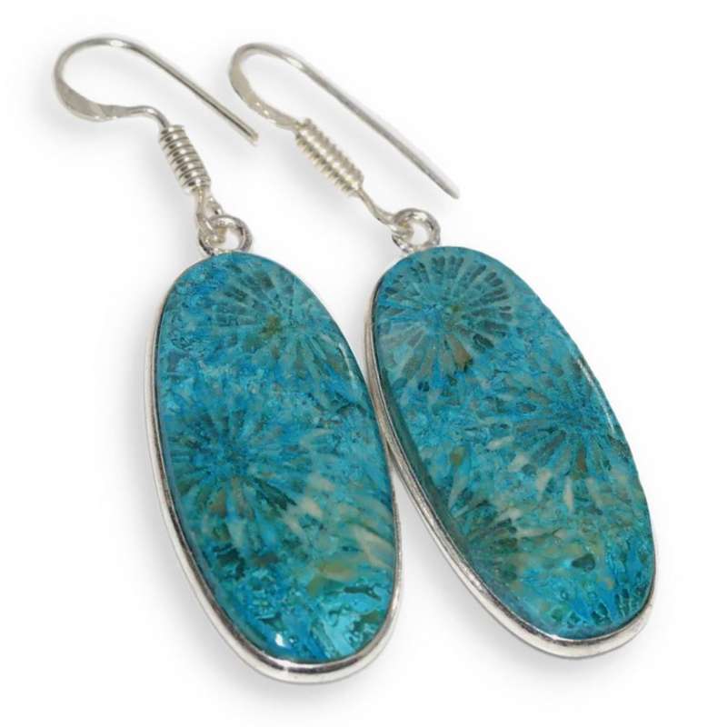 Natural Fossil Coral Oval Shape set in .925 Sterling Silver Plated Handmade Earrings