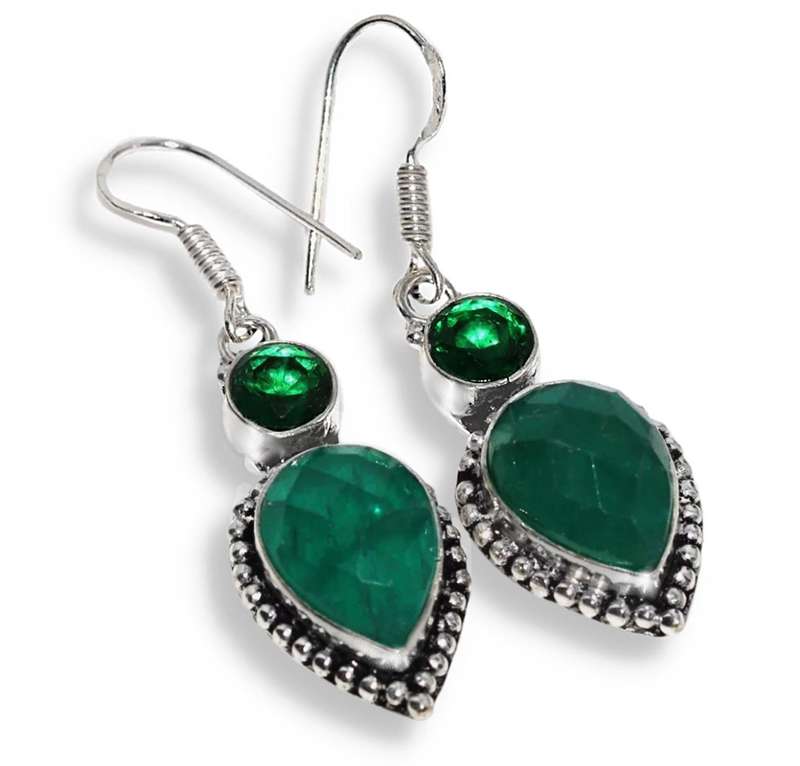 Dainty Indian Emerald Round and Pear Shape set in 925 Sterling Silver Plated Handmade Earrings