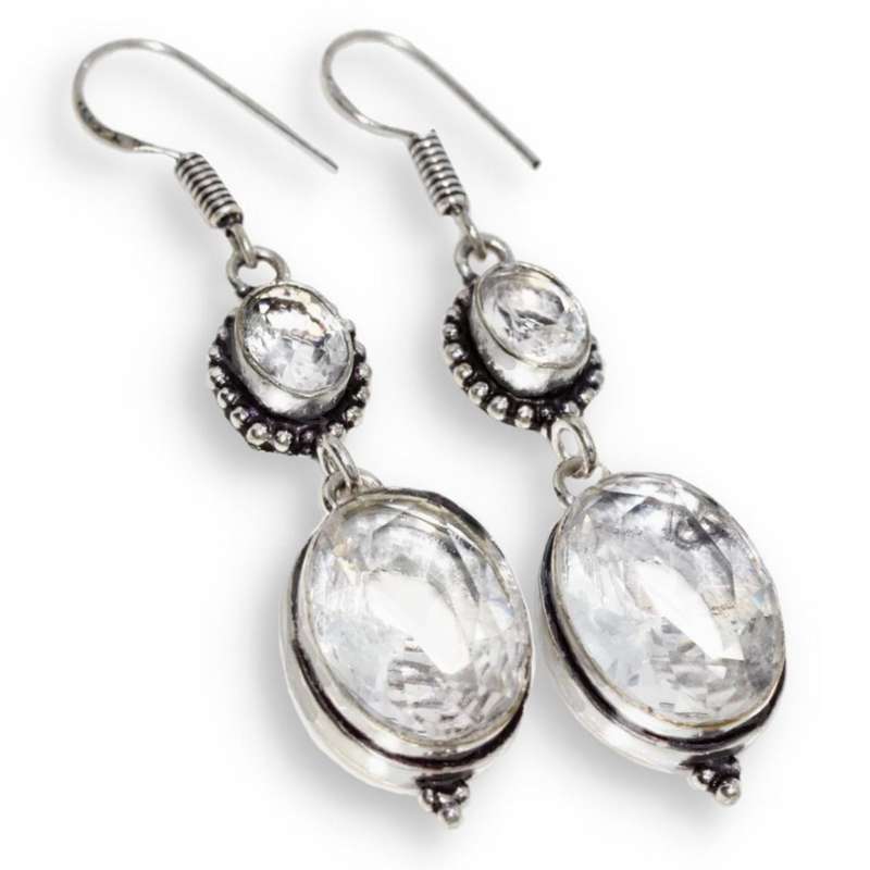 Clear Quartz Facet Cut Ovals set in .925 Sterling Silver Plated Handmade Antique Style Earrings