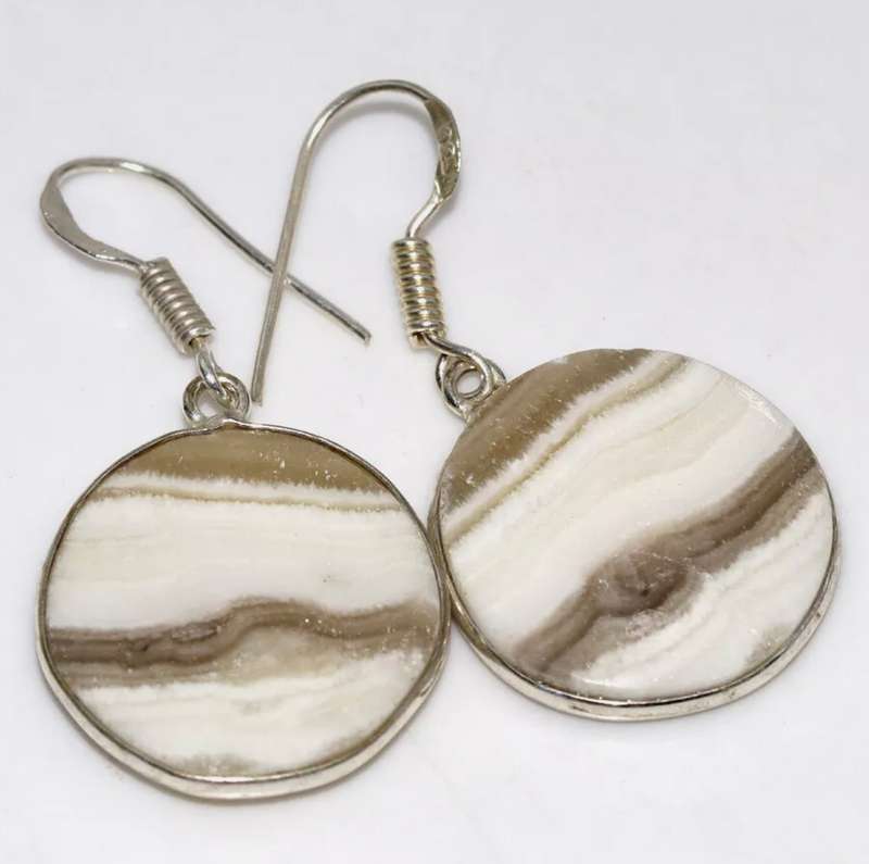 Natural Laguna Lace Calcite Round Gemstone .925 Sterling Silver Plated Handmade Earrings