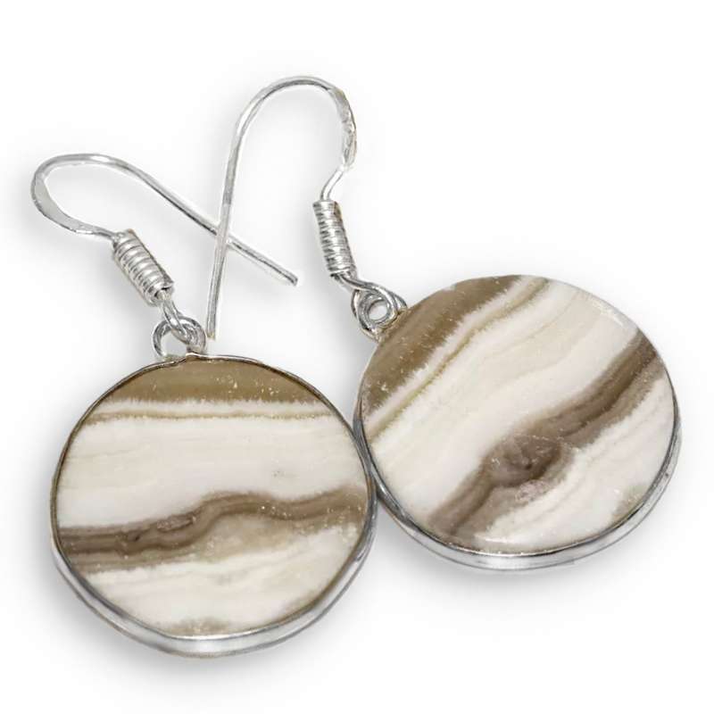 Natural Laguna Lace Calcite Round Gemstone .925 Sterling Silver Plated Handmade Earrings