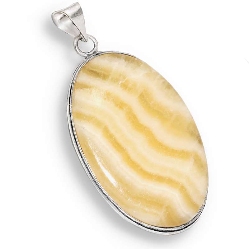 Natural Laguna Lace Calcite Oval Pendant set in .925 Sterling Silver Plated Handmade Pendant