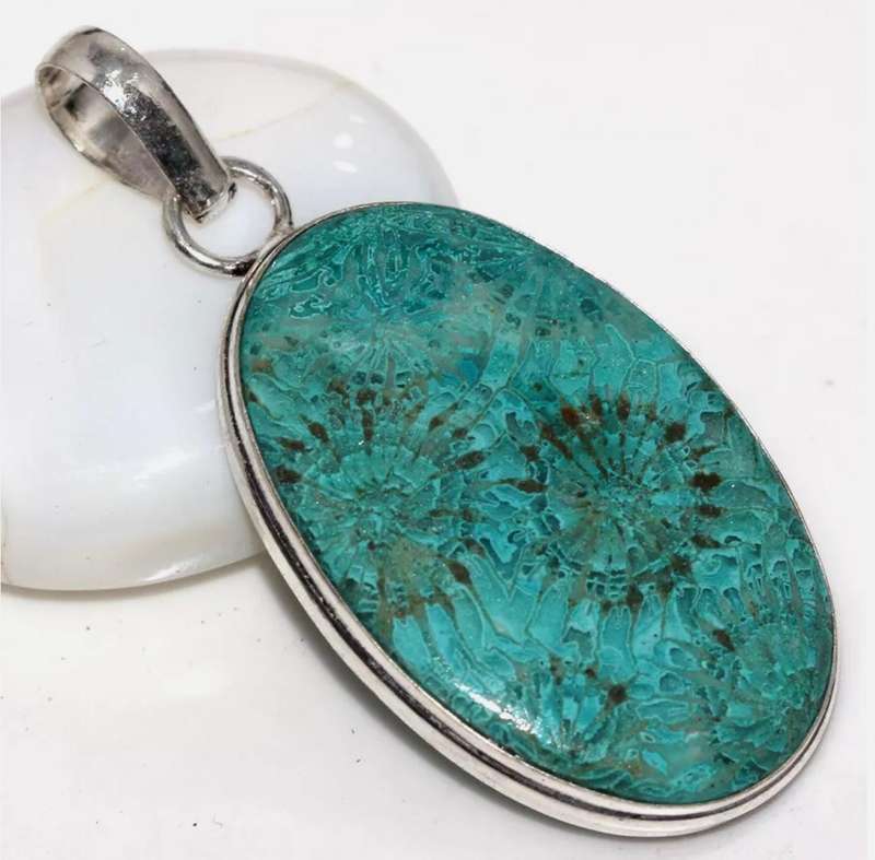 Natural Fossil Coral Oval Shape set in .925 Sterling Silver Plated Handmade  Pendant