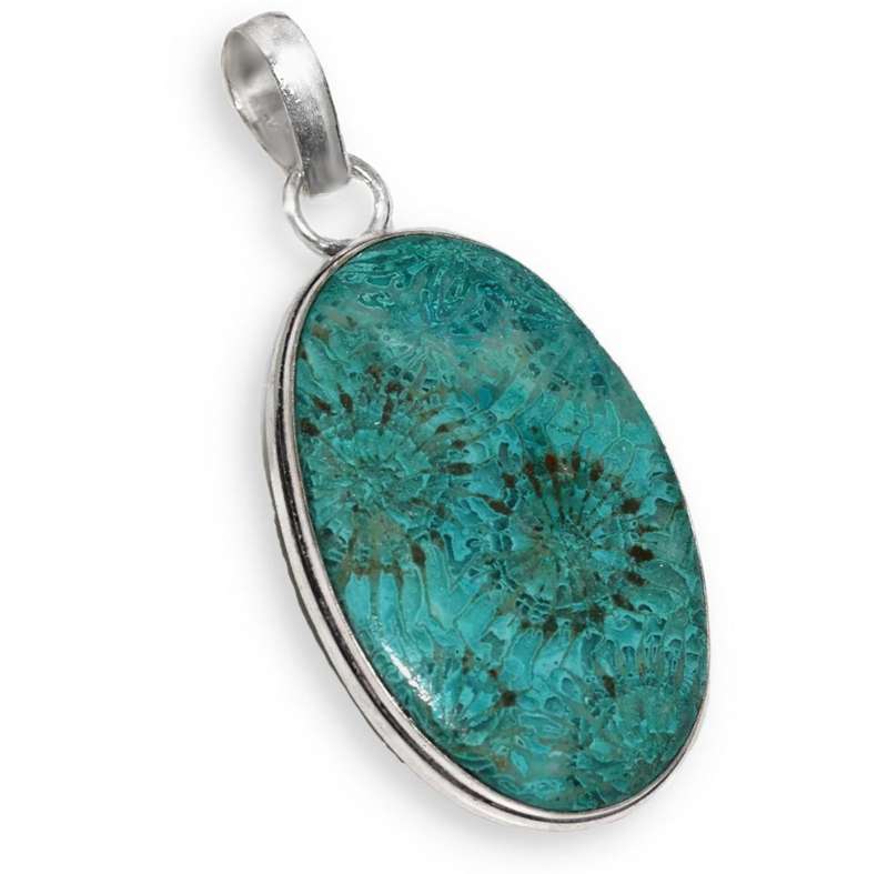Natural Fossil Coral Oval Shape set in .925 Sterling Silver Plated Handmade  Pendant