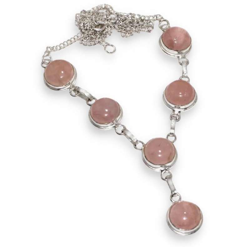 Natural Rose Quartz Round Gemstones set in .925 Sterling Silver Plated Handmade Elegant Necklace