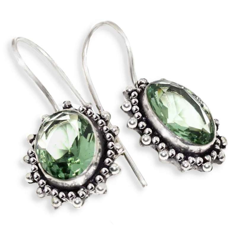 Green Amethyst Oval Shape set in .925 Sterling Silver Plated Handmade Antique Style Earrings