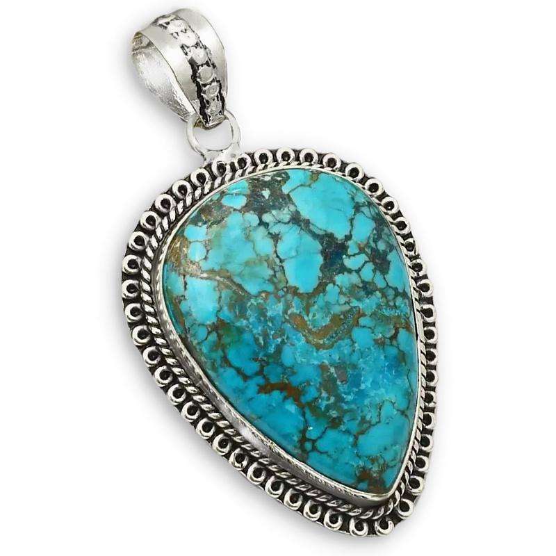 Natural Blue Turquoise Pear set in 925 Sterling Silver Plated Handmade Antique Style Pendant