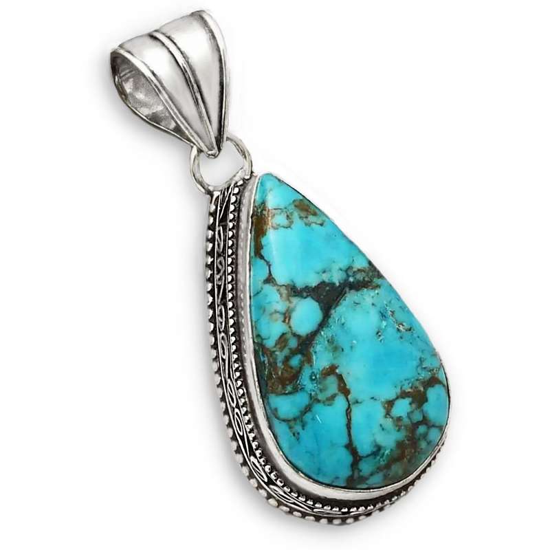 Natural Blue Turquoise Pear set in 925 Sterling Silver Plated Handmade Antique Style Pendant