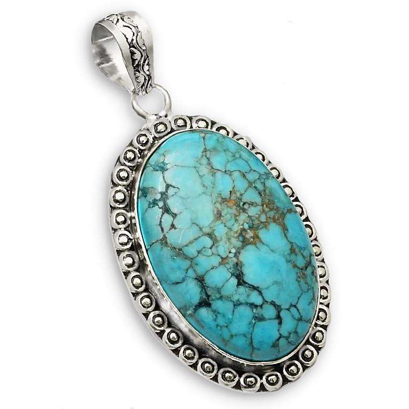 Natural Blue Turquoise Oval set in 925 Sterling Silver Plated Handmade Antique Style Pendant
