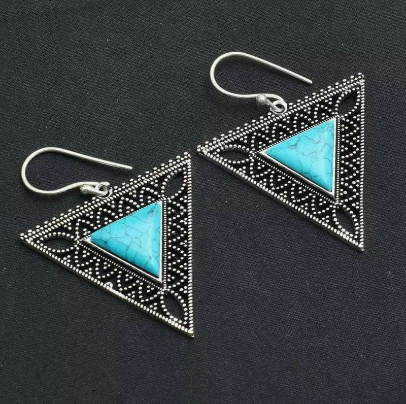 Ornate Turquoise Triangle Gemstone in Antique Style .925 Sterling Silver Plated H/made Earrings