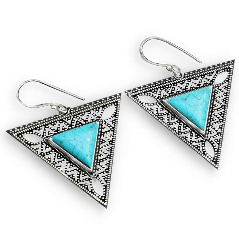 Ornate Turquoise Triangle Gemstone in Antique Style .925 Sterling Silver Plated H/made Earrings