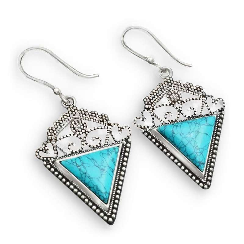 Turquoise Triangle Gemstone in Antique Style .925 Sterling Silver Plated H/made Ornate Earrings