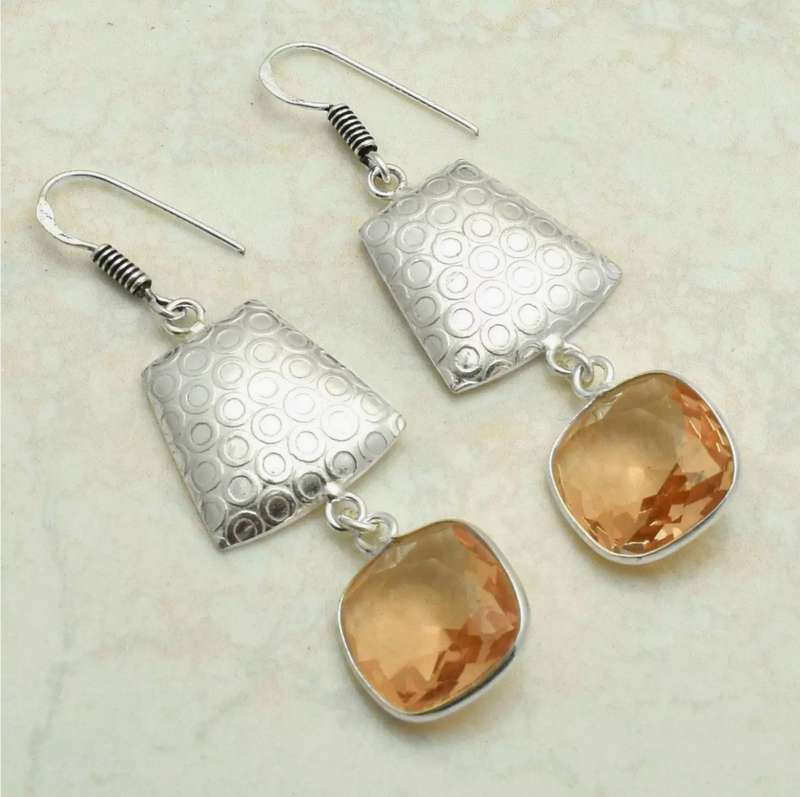 Morganite Squares set in Embossed .925 Sterling Silver Plated Handmade Earrings