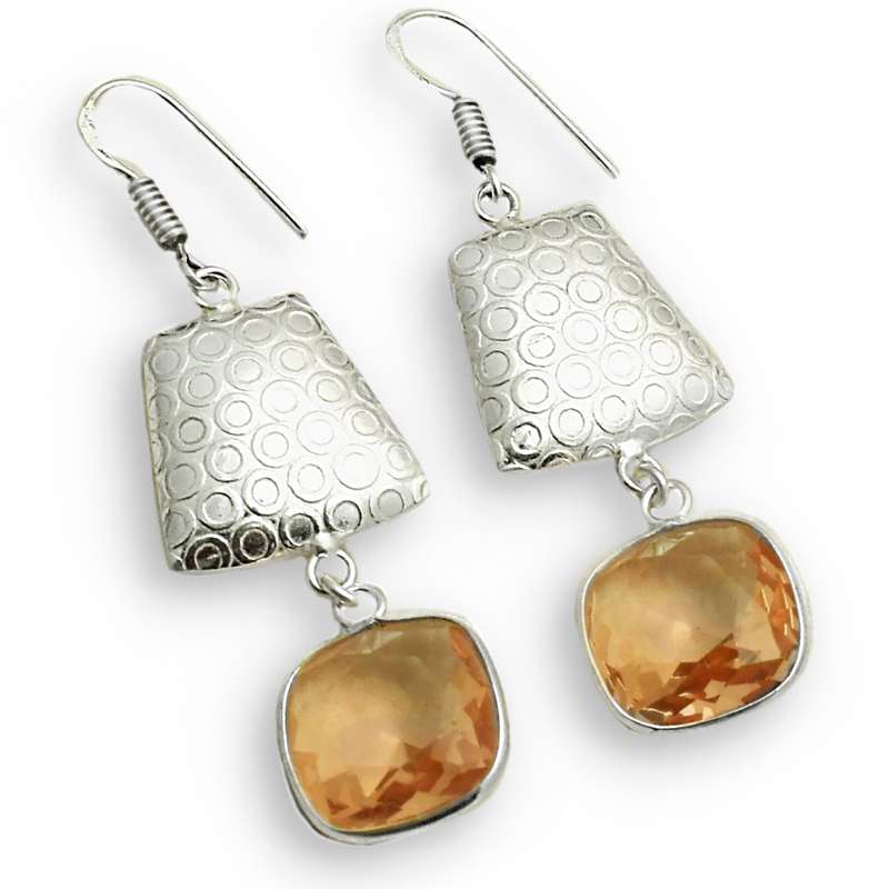 Morganite Squares set in Embossed .925 Sterling Silver Plated Handmade Earrings