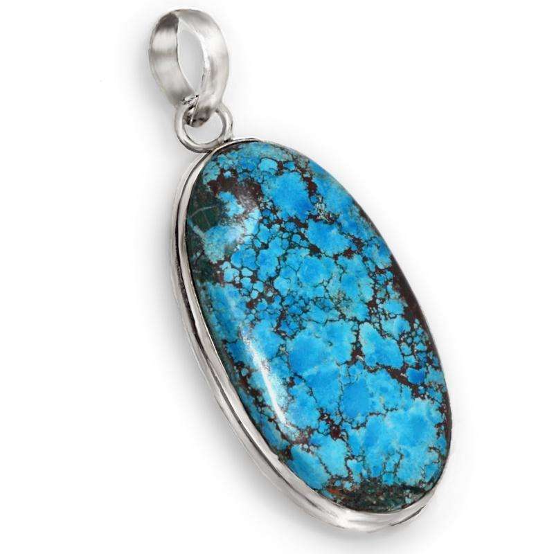 Natural Blue Turquoise Oval set in 925 Sterling Silver Plated Handmade Pendant