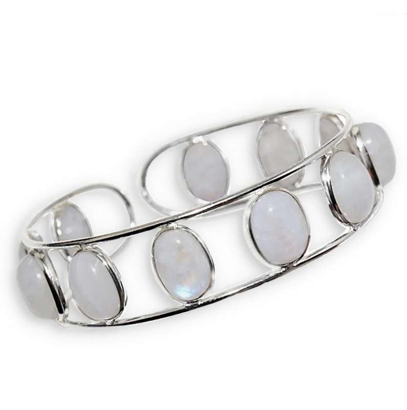 Natural Rainbow Moonstone  Gemstone Ovals set in .925 Sterling Silver Plated Adjustable Bangle