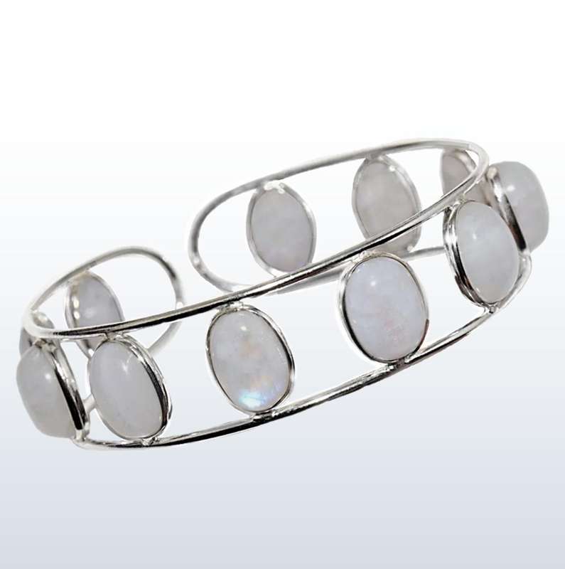 Natural Rainbow Moonstone  Gemstone Ovals set in .925 Sterling Silver Plated Adjustable Bangle