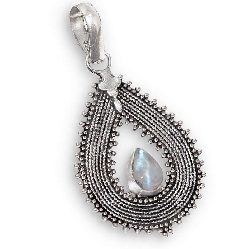 Natural Rainbow Moonstone Pear set in Antique Style .925 Sterling Silver Plated Handmade Pendant