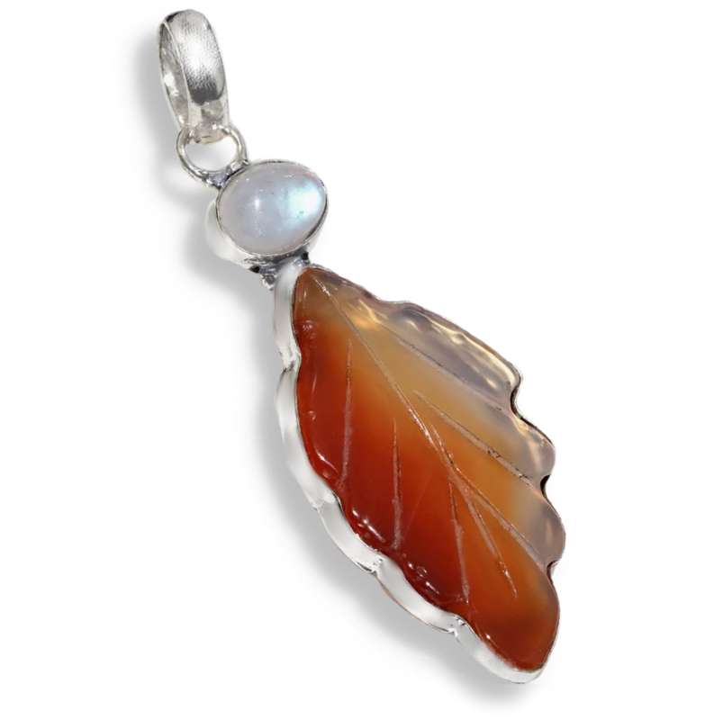 Natural Carnelian Carved Leaf Rainbow Moonstone Gemstones in .925 Sterling Silver Plated Pendant