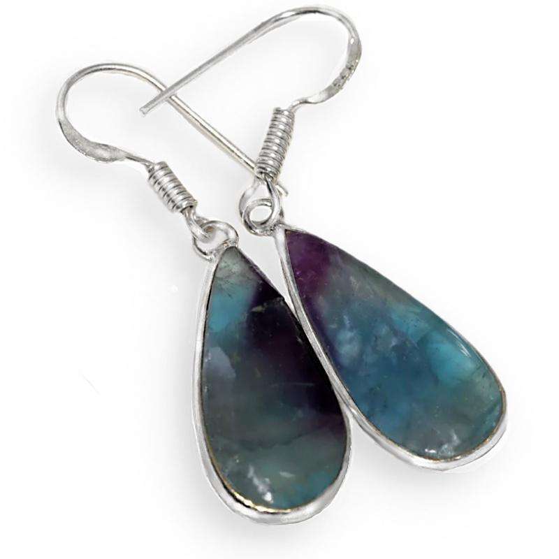 Natural Fluorite Pear Shape Gemstone set in .925 Sterling Silver Plated Handmade Earrings