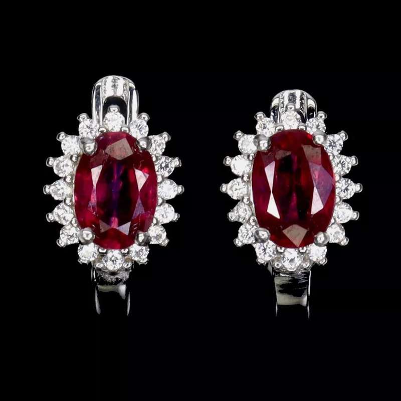 Deluxe Natural Red Pink Ruby and White CZ Set in Solid .925 Sterling Silver 14K W/ Gold Earrings