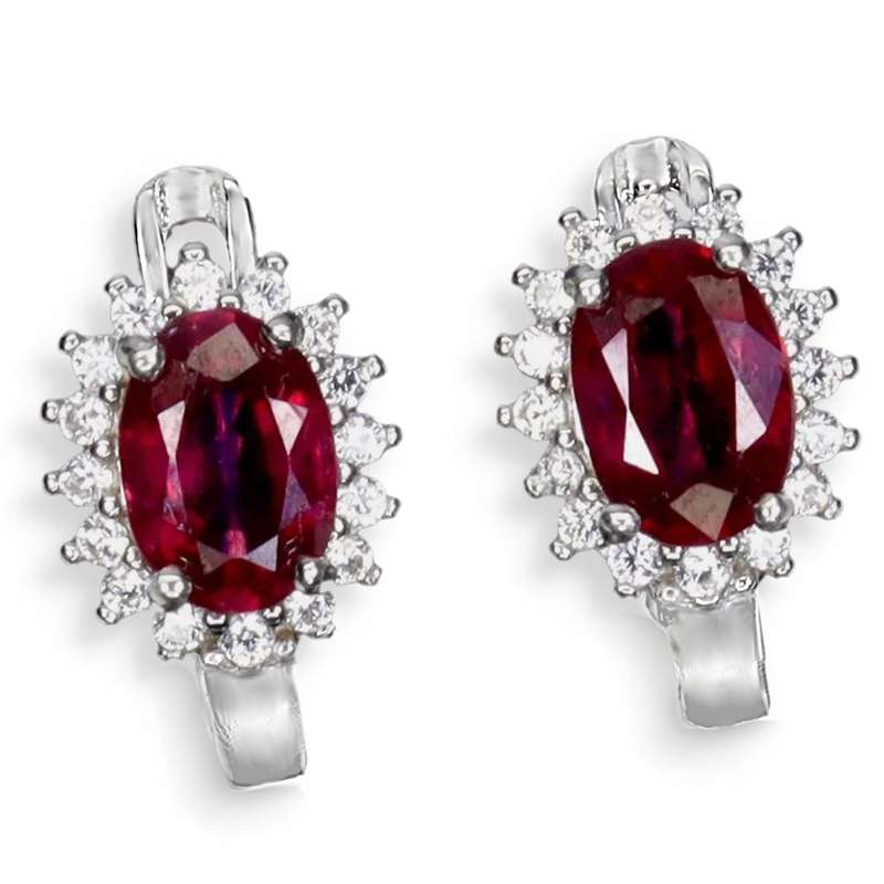 Deluxe Natural Red Pink Ruby and White CZ Set in Solid .925 Sterling Silver 14K W/ Gold Earrings