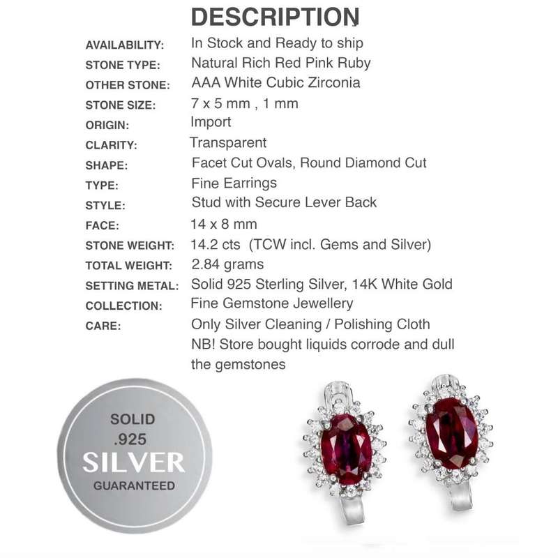 Deluxe Natural Red Pink Ruby and White CZ Set in Solid .925 Sterling Silver 14K W/ Gold Earrings