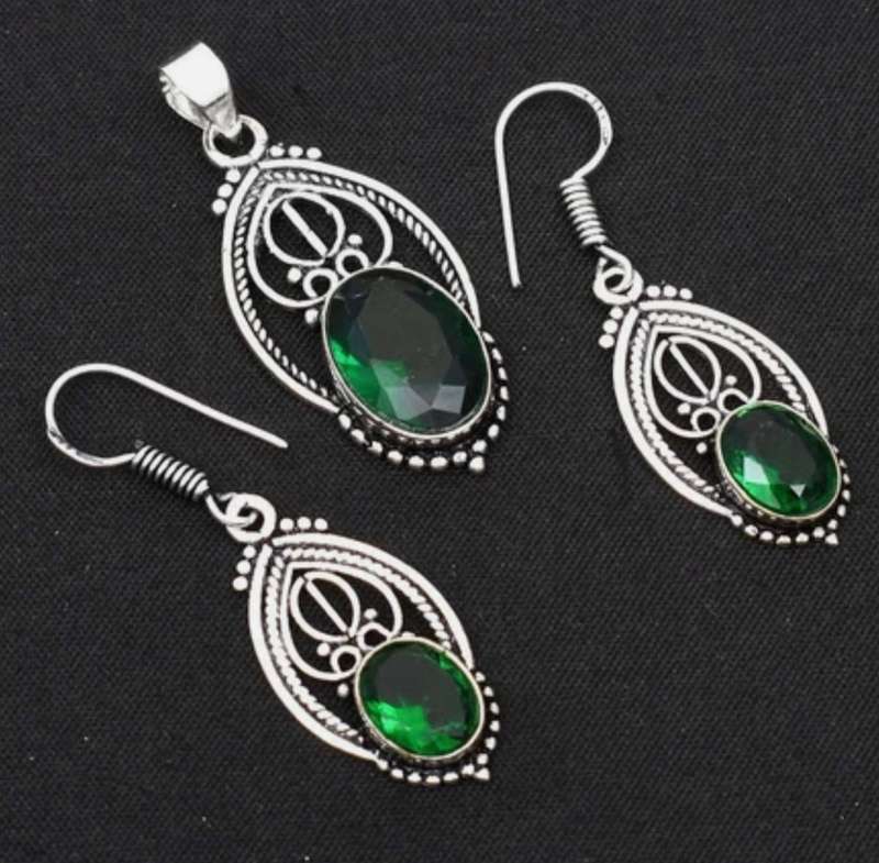 Dainty Emerald Quartz set in 925 Sterling Silver Plated Antique Style Pendant and Earrings Set