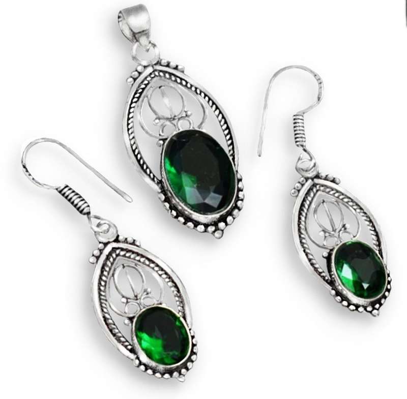 Dainty Emerald Quartz set in 925 Sterling Silver Plated Antique Style Pendant and Earrings Set
