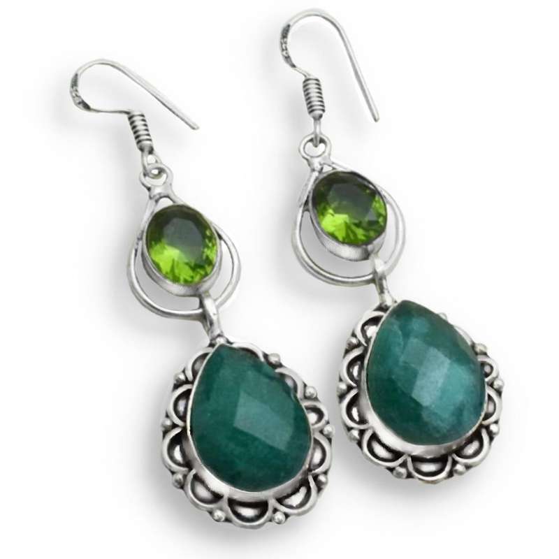 Indian Emerald Round and Peridot set in 925 Sterling Silver Plated Handmade Earrings